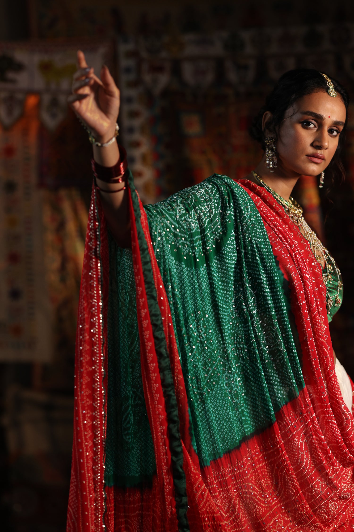 Panetar Lehenga Set | Green & Red