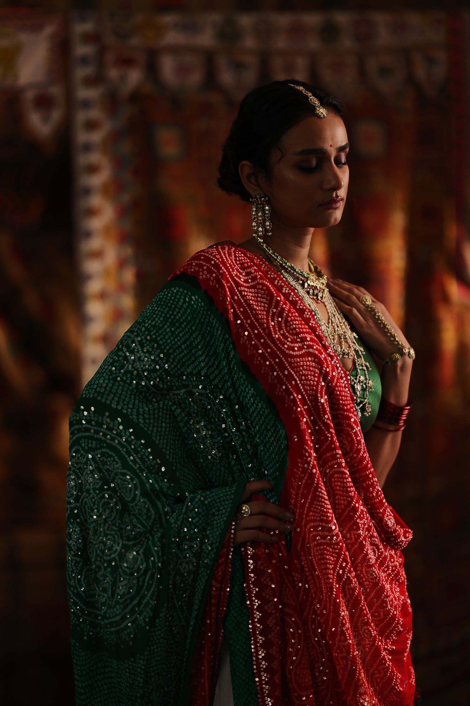 Panetar Lehenga Set | Green & Red