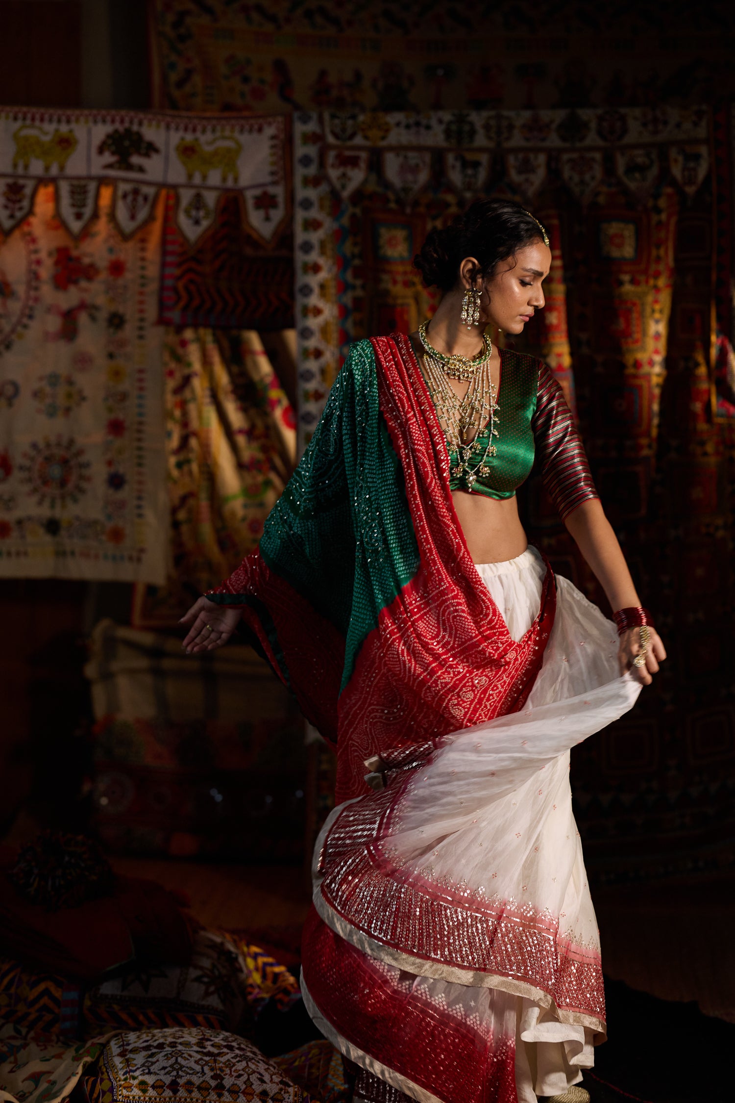 Panetar Lehenga Set | Green & Red